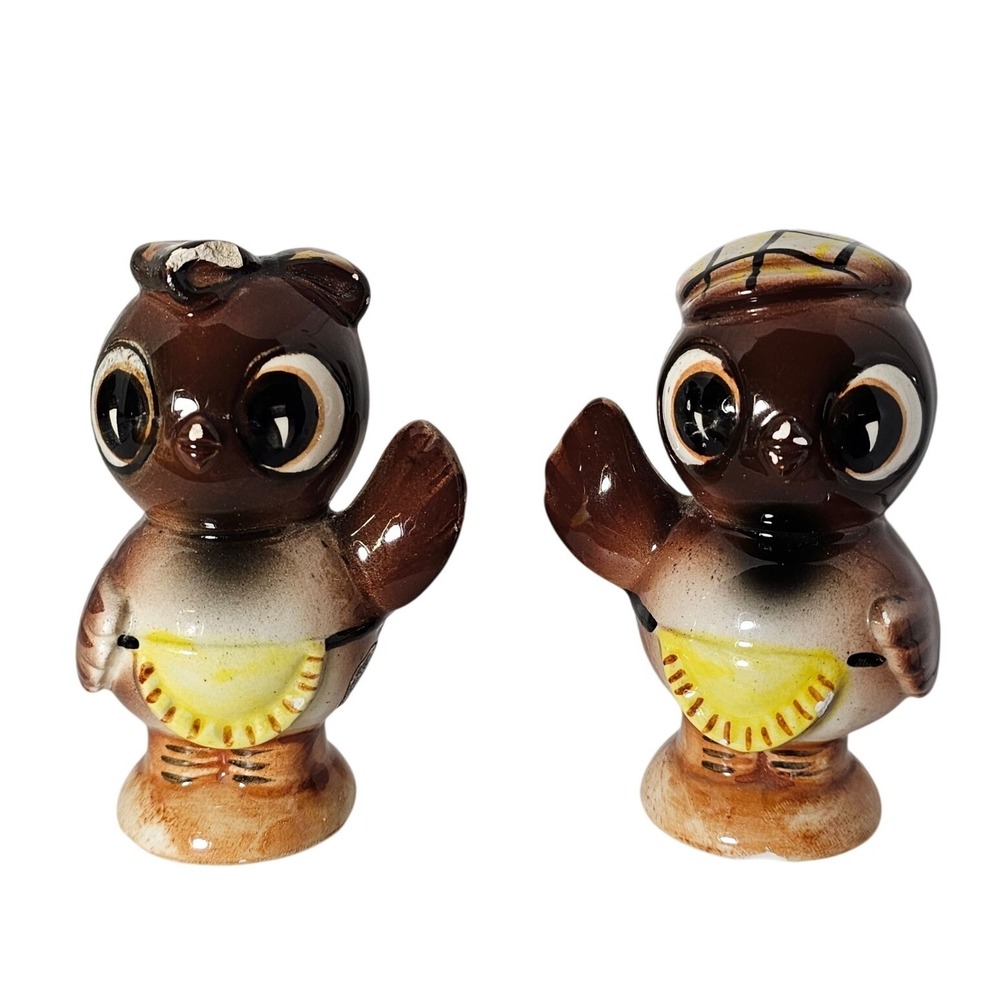 Vintage Ceramic Owl Salt Pepper‎ Shakers Brown Cute Whimsical Kitchen Decor